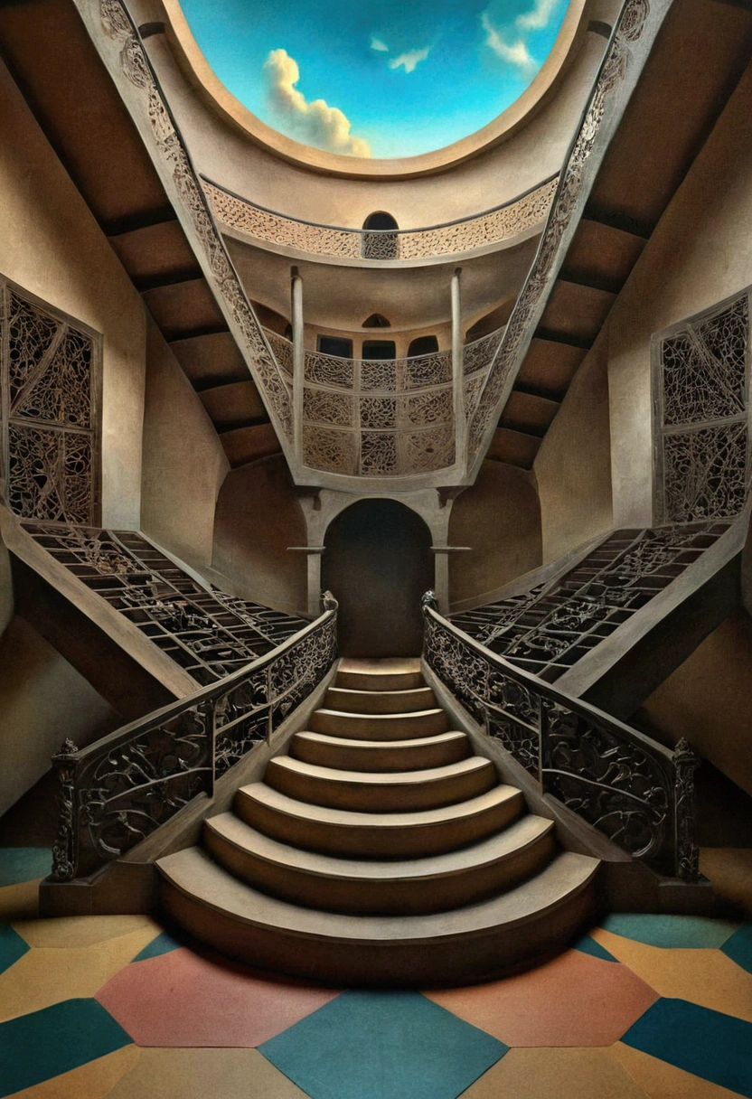  ( Surrealism ) a Surreal scene involving hundred of staircases that form impossible angles, stairwells cross from all directions in non euclidean geometry, and abstract sitars that are illusions , confusing chaos, ethereal and divine, photorealistic, 8k, hyper detailed, dramatic lighting, vibrant colors, surreal and abstract, 