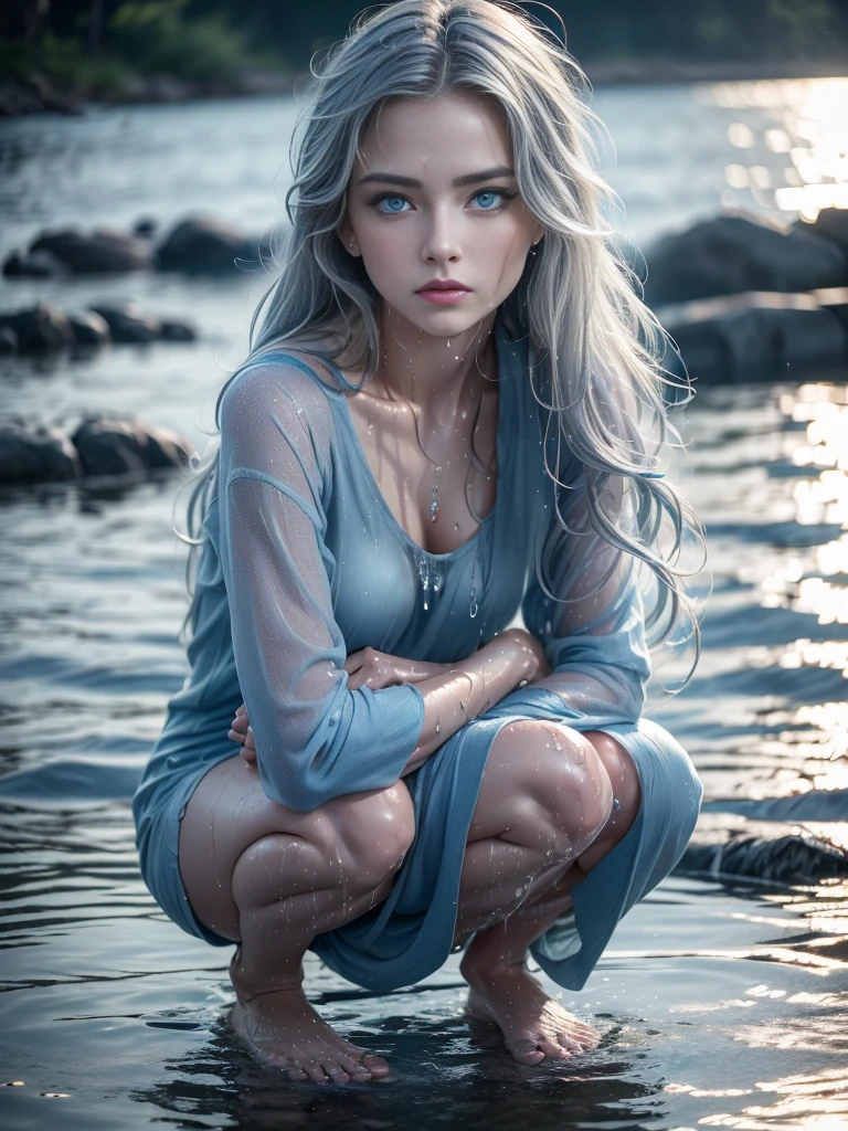8k, (full body shot:1.2), 20-year-old swedish girl, raw, Beautiful woman, (straight gray hair), (loose summer clothes, long shirt, long dress, outdoor, upper body, colorful summer clothes, varied colours, ((bright sunshine)), warm clothes, wet clothes, ((soaked)), ((drenched)), ((dripping wet)), excited, wet hair, wet and slimy, water up to her knees, submerged, translucent,), intricate, beautifull face, elegant, highly detailed, digital hyperrealistic photography, hyperrealistic photography filigree, shyness, most beautyfull face, (masterpiece, sidelighting, (finely detailed beautifull blue eyes: 1.2)),