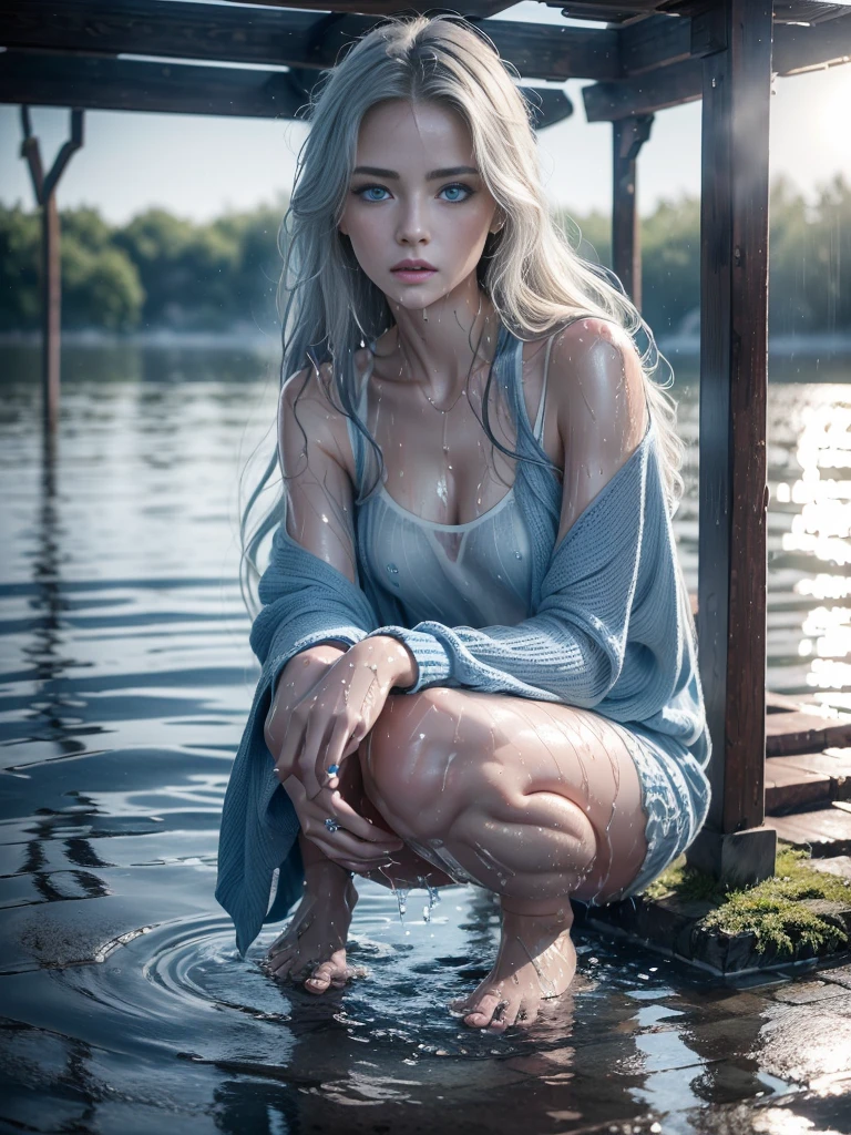 8k, (full body shot:1.2), 20-year-old swedish girl, raw, Beautiful woman, (straight gray hair), (loose summer clothes, long shirt, long dress, outdoor, upper body, colorful summer clothes, varied colours, ((bright sunshine)), warm clothes, wet clothes, ((soaked)), ((drenched)), ((dripping wet)), excited, wet hair, wet and slimy, water up to her knees, submerged, translucent,), intricate, beautifull face, elegant, highly detailed, digital hyperrealistic photography, hyperrealistic photography filigree, shyness, most beautyfull face, (masterpiece, sidelighting, (finely detailed beautifull blue eyes: 1.2)),