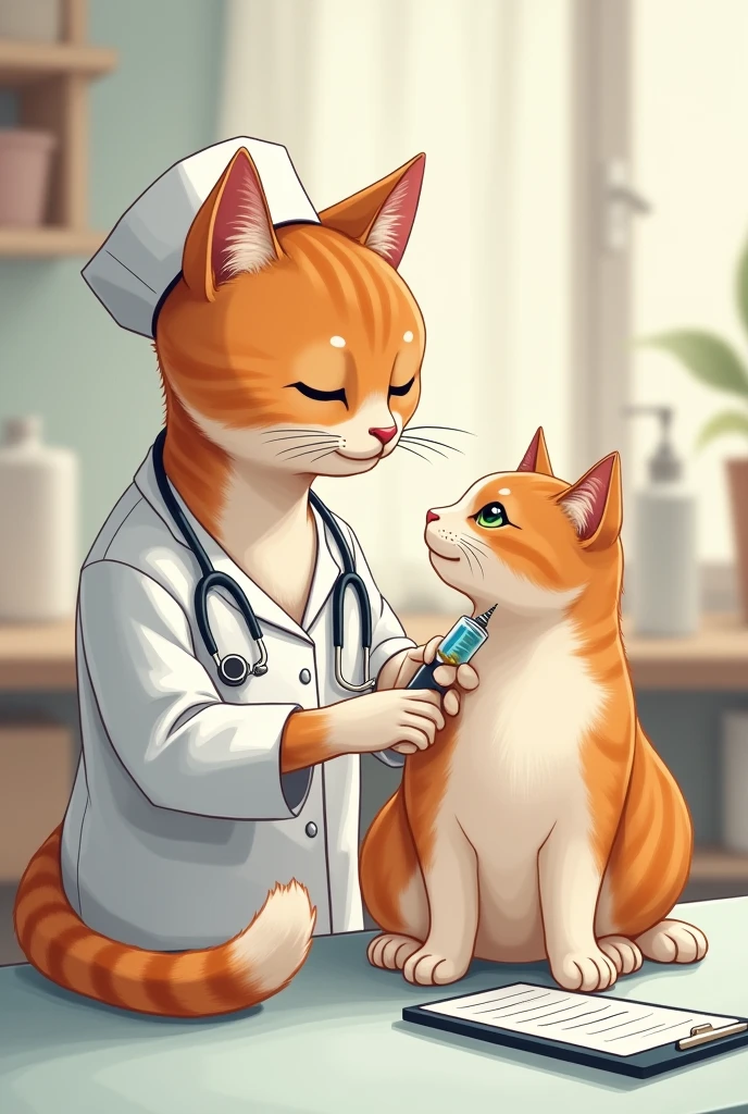 a cat with a medical syringe , nurse