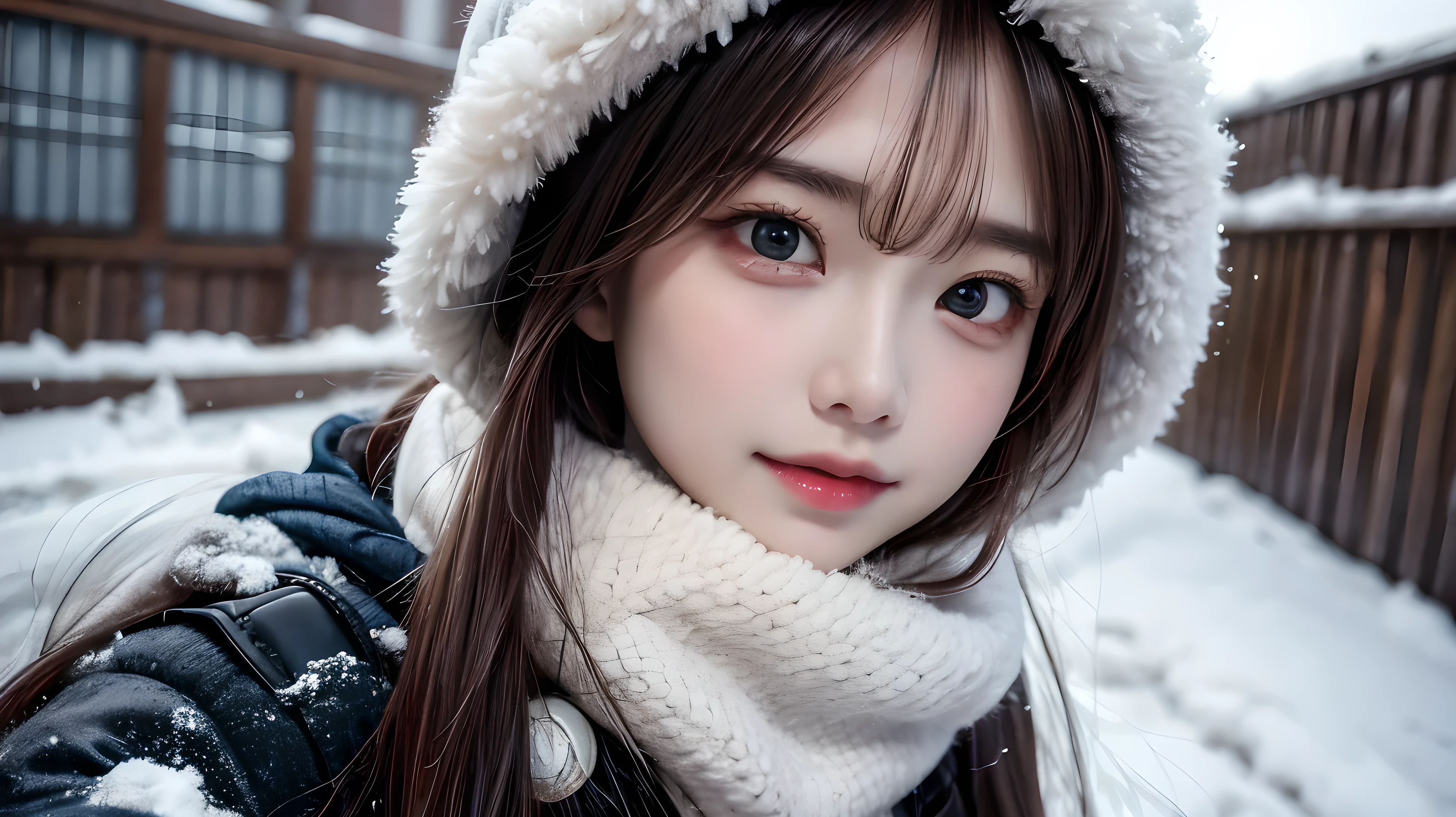 (Highest quality: 1.5), (masterpiece: 1.2), (Realistic: 1), 4K, (RAW Photos: 1.1), 1 person, Baby Face, 20-year-old, Looking at the audience, Black Hair, Icelandic, snow, ice, cold, Eskimo, Portraiture, winter, gloves, scarf, close your eyes, smile, cute, Upper Body, snow piled up, Wide Shot,