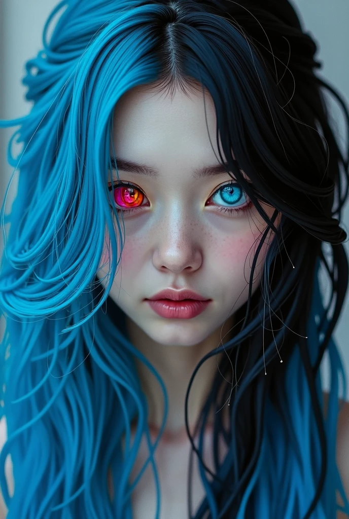 one girl,long hair blue cyan and black,different color eye red and blue,beautiful girl