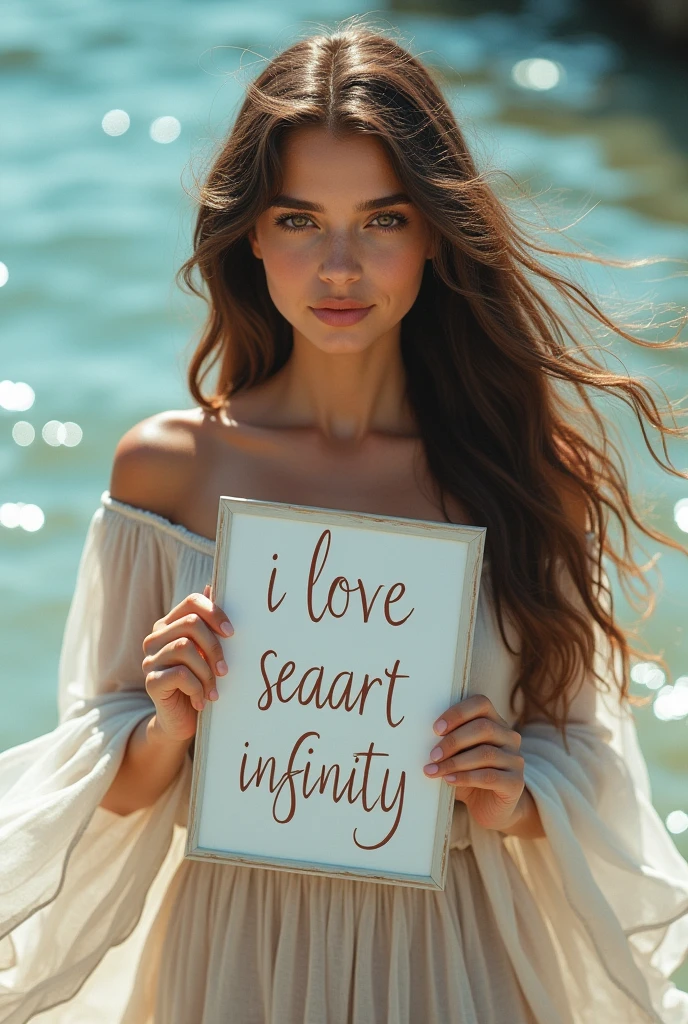 Beautiful girl with wavy long hair, bohemian dress, holding a white board with text "I Love Seaart Infinity" and showing it to the viewer