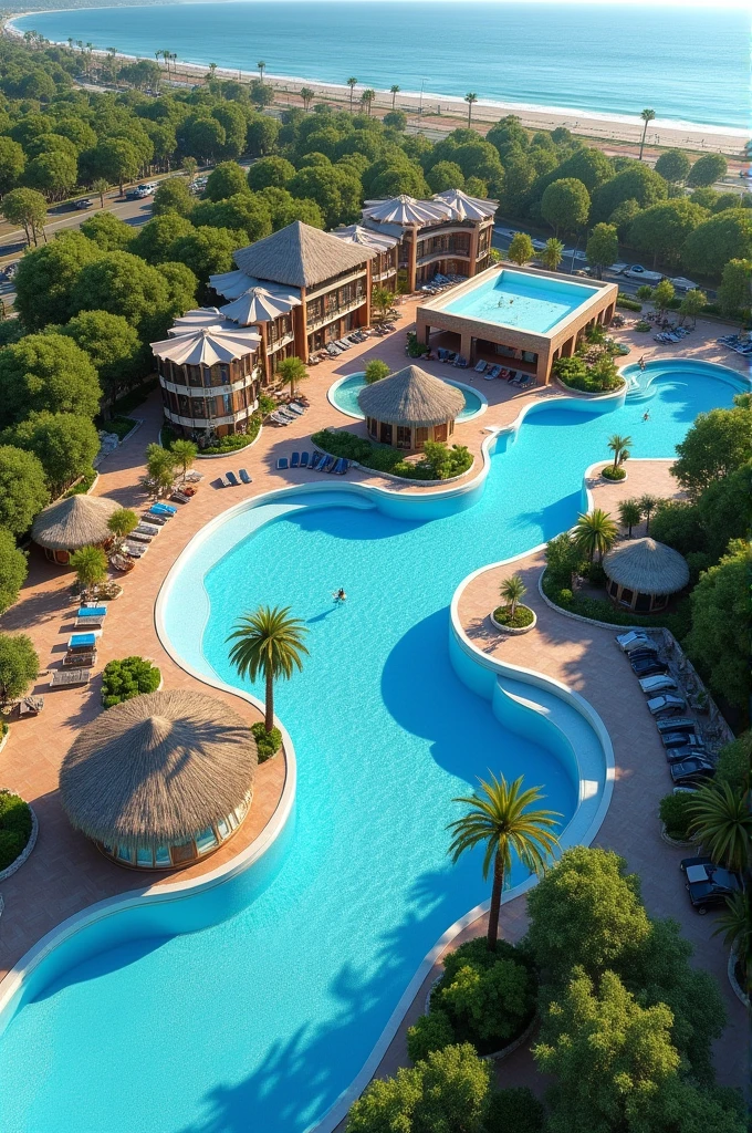an Aqua Park with a luge,wave pool, large swimming pool, slow river, water-related games, and a themed restaurant with parking
in a plot of 11430m² near the sea and first position of a road