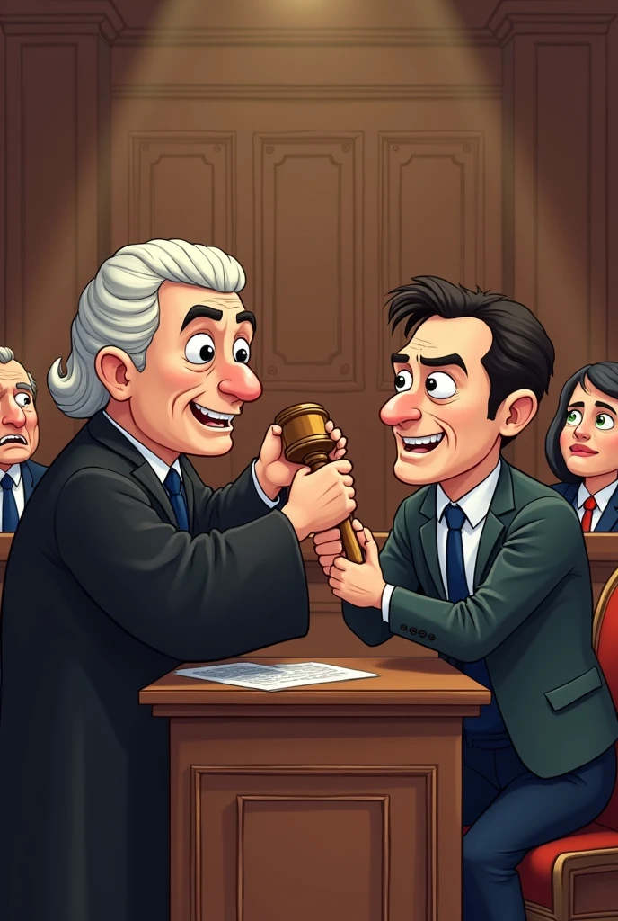 A funny meme human like that showing a judge in court and a man are fighting over the gavel because the man wants to strike it on the gavel stand