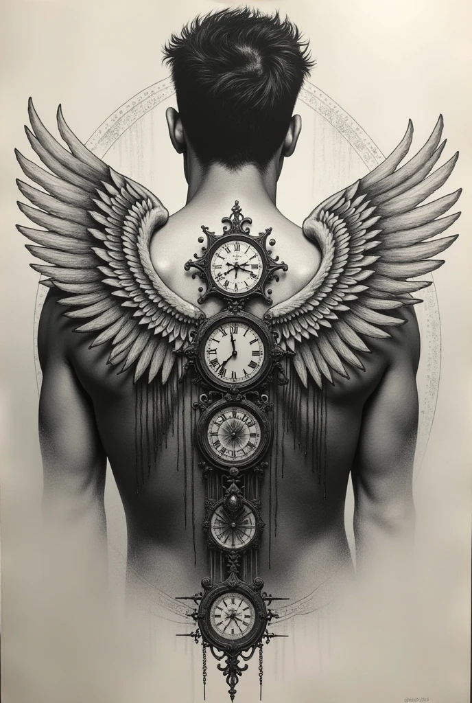 Small upper back Wing tatoo with clocks, rune words for man
