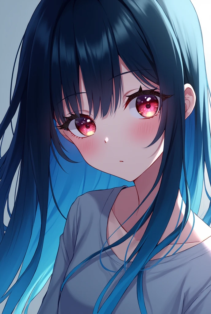one girl,anime girl,long hair blue cyan and black,different color eye red and blue,beautiful girl