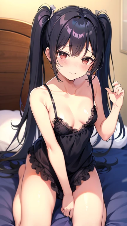 Black hair twin tails、Small breasts、Lingerie one piece、Bed