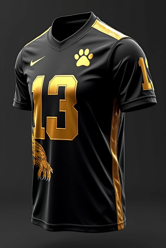 A high school sports jersey for an Olympic-themed event with a black base and a fierce golden panther design. The panther's silhouette is subtly integrated on the left side, with its eyes and claws highlighted in metallic gold. The player's number is centered in large, bold gold text. A panther paw print in gold is placed on the back, right below the collar, creating a dynamic and aggressive look.