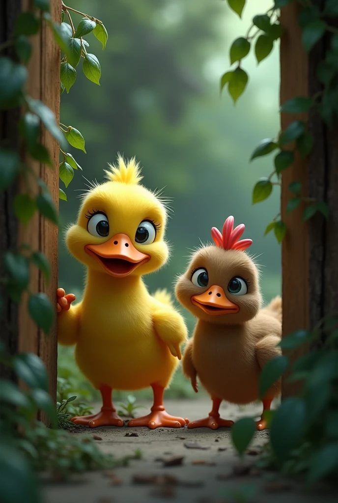 Generate me an image of a yellow duck and a brown hen mysteriously spying on the big one