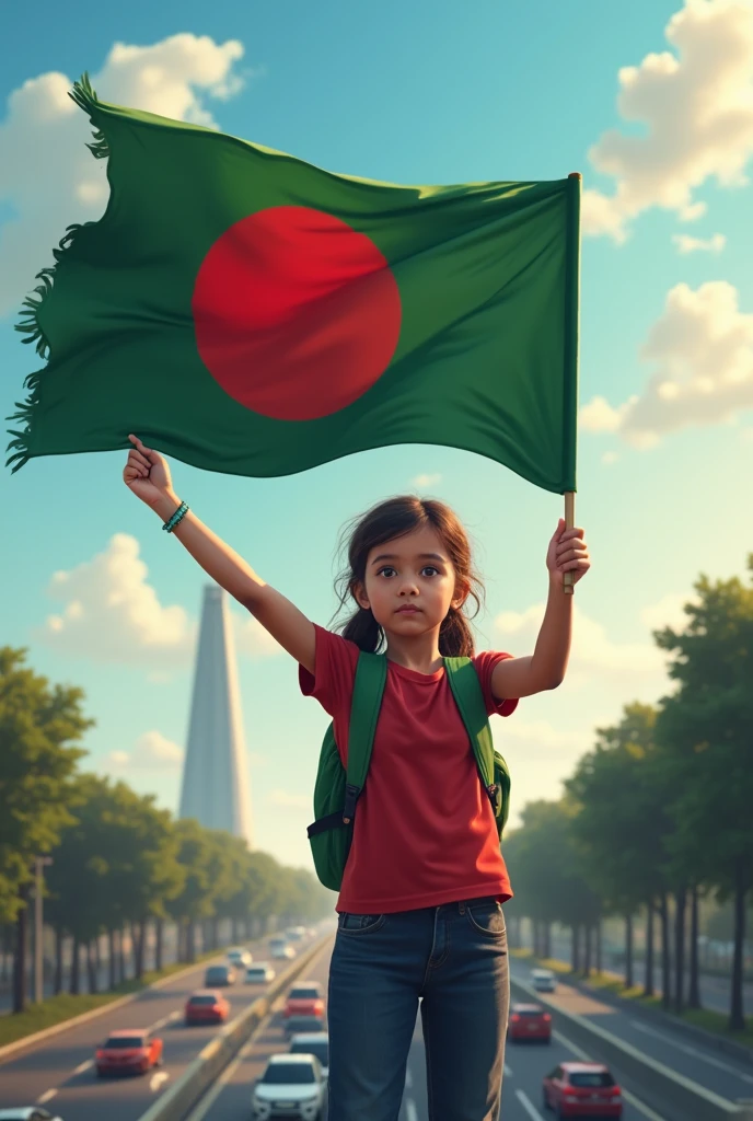 A girl is showThe Bangladeshi flag and cars are passing through the Bangladesh flyover