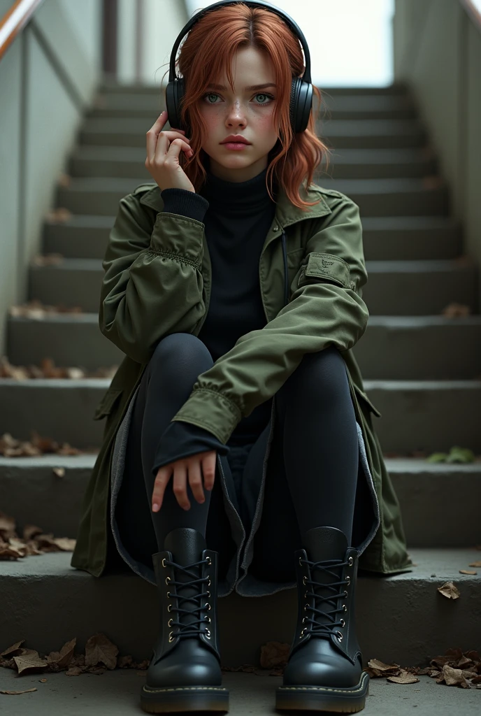 (masterpiece), best quality, expressive eyes, perfect face, ellie williams tlou, auburn hair, black Dr. Martens boots, black leggings, grey skirt, green M65 jacket over black funnel-neck sweater, full, clothed , clothed body, , sitting on stairs, listening to music with headphones