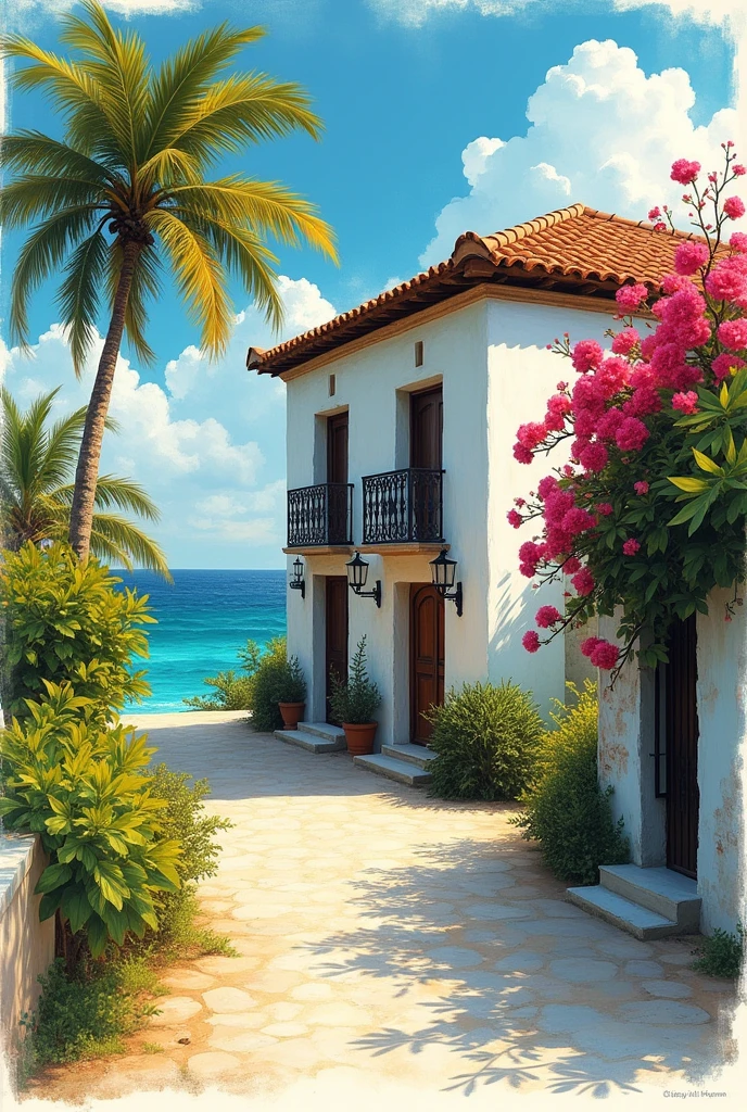 Freehand sketch of a house on the coast of Quintana Roo 