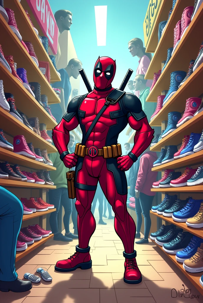 Deadpool cartoon in a shoe store