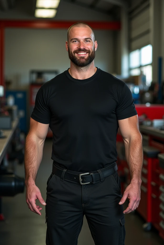 Man 1,83, 29-years-old, shaved hair very short, big smile, brown hair and beard and white, untanned skin, with a mole on his cheek and a receding hairline, standing full-length in a truck workshop dressed in black, with 82 kilos, no prominent veins and whiter skin