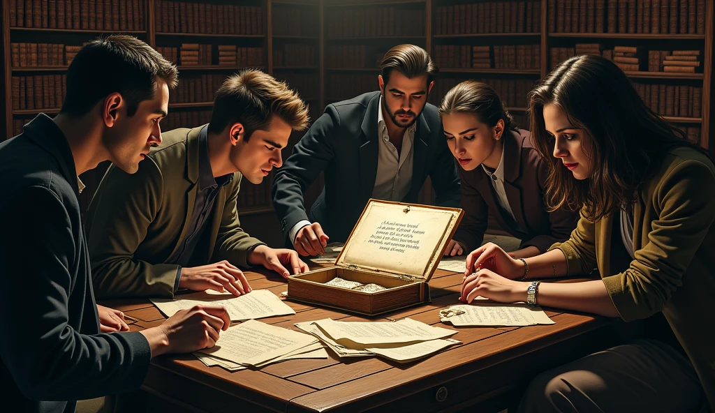 "A close-up of a wooden table cluttered with old papers and a single dusty book. The book has a hidden compartment with a cryptic riddle. The table is surrounded by shelves filled with leather-bound volumes. Alex(male) is examining the book, while Jamie (male)and Priya(female) scan the room for additional clues."
