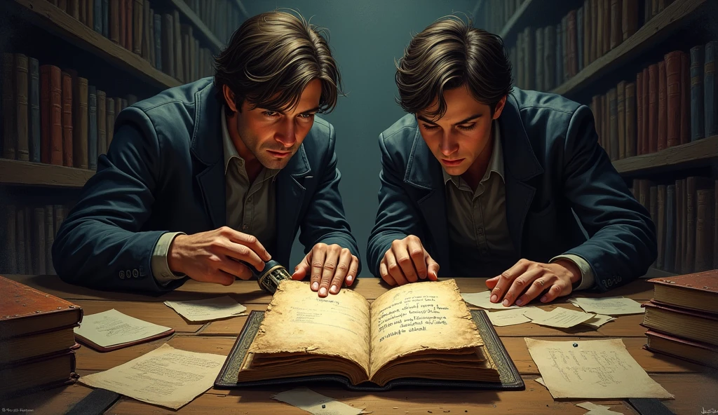 "A close-up of a wooden table cluttered with old papers and a single dusty book. The book has a hidden compartment with a cryptic riddle. The table is surrounded by shelves filled with leather-bound volumes. Alex(male) is examining the book, while Jamie (male)and Priya(female) scan the room for additional clues."