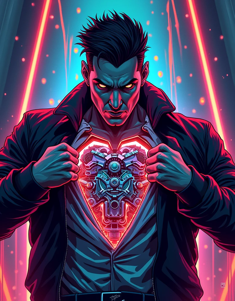 man ripping open his chest, synthwave aesthetics, illustration, vector art, screen print art, more detail, enhanced, poakl