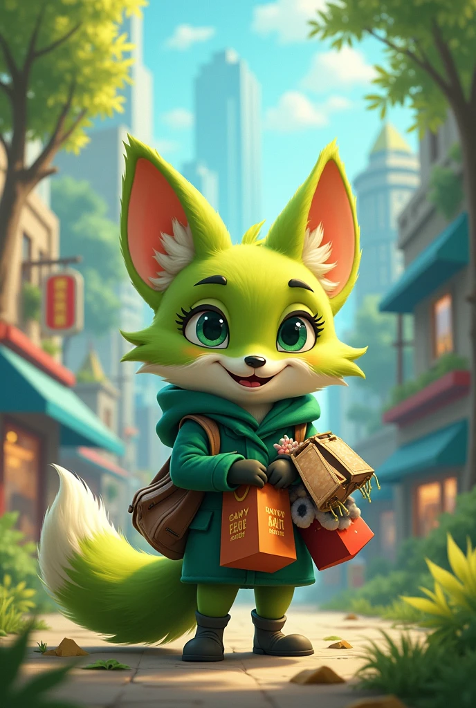 A green fox who loves shopping,fox boy,All hands are purchases,he can'don't take everything,Cute realistic style,Background city with name buyzap and forest