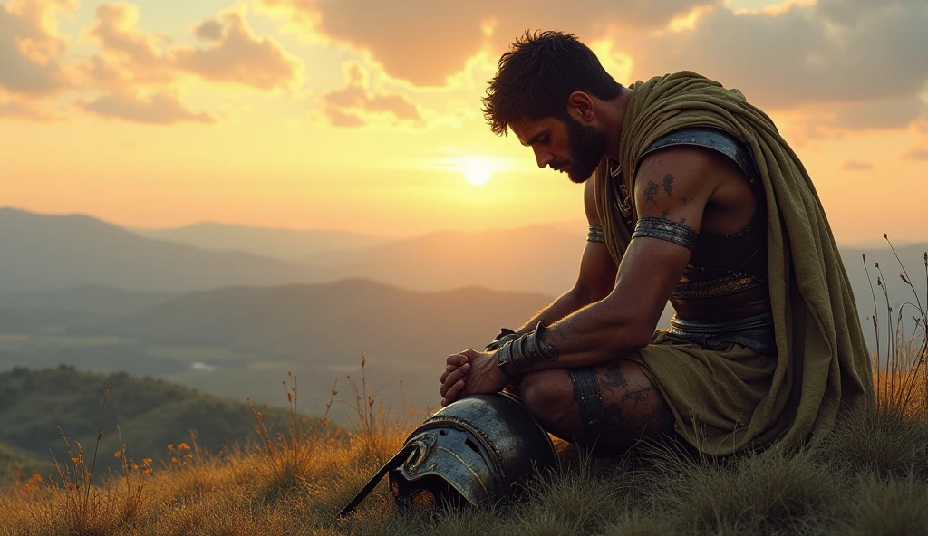 a greek wounded warrior sitting ( kneel) devasted on a hill, no helmet