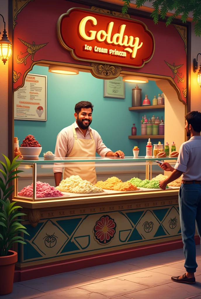 An Indian ice cream shop with named " Goldy icecream parlour " Owner name "shaikh arbaz"