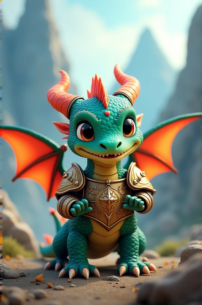An animated baby dragon with warrior armor
