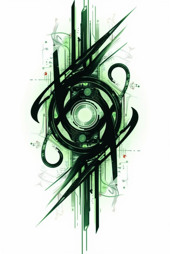 black and green tattoo that represents computer information and networks, just the design with a white background