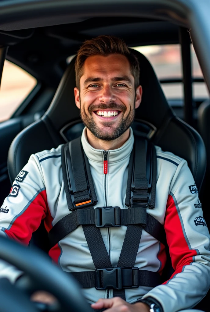 man wearing 6-point seat belt of rally racing car, show all details, show the whole body from the front and smiling