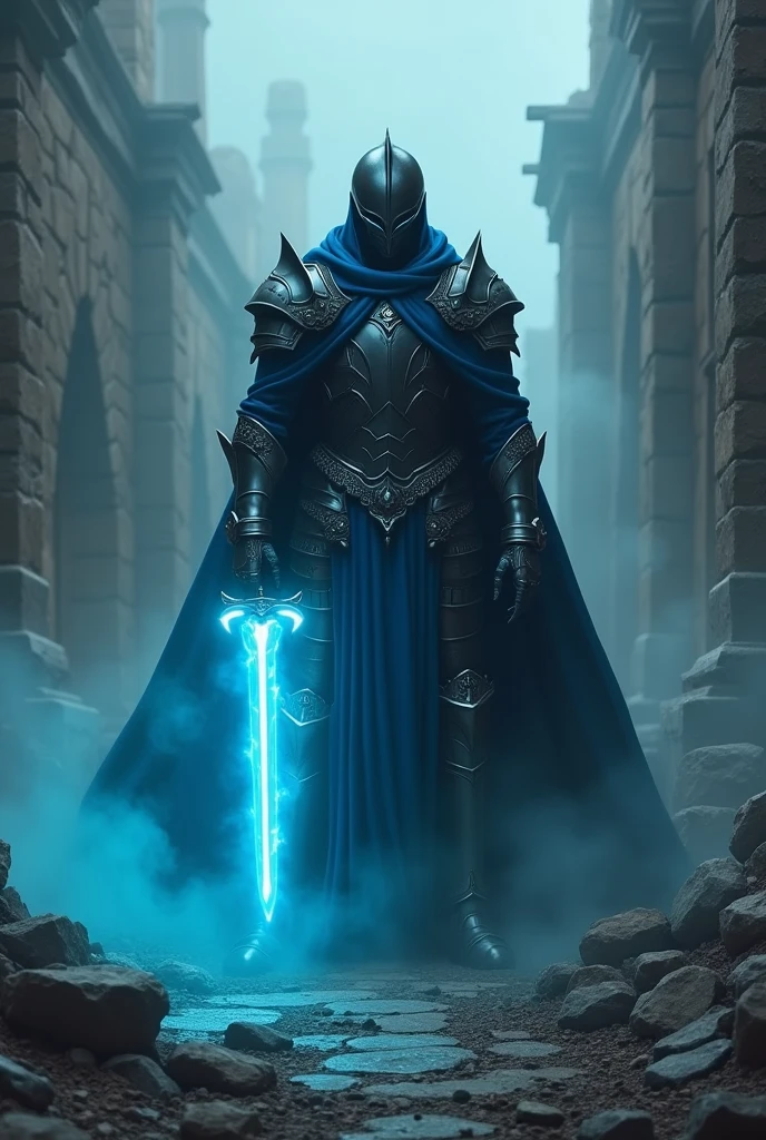 A hero, Masked Knight, Ancient form theme, black and blue colored, with two handed sword in his side with cyan light, standing in the ruin city with dark mist