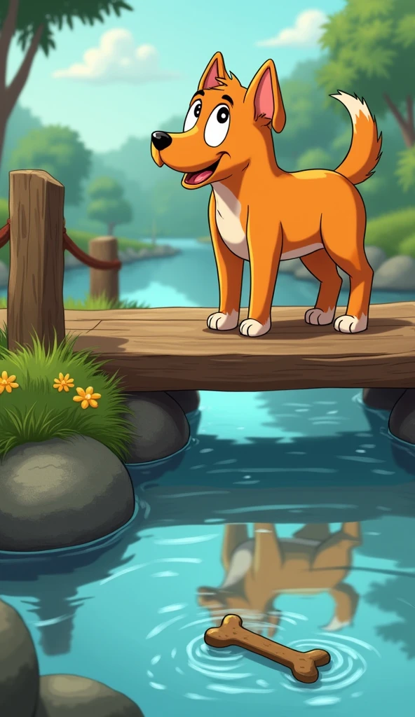The dog pauses on the bridge, growling at his reflection in the water, thinking it's another dog with a bigger bone.
The bone fells in river and disappears into the water, leaving the dog looking down sadly at the ripples in the river.
Show the bone fell in river and dog feeling sad.
The dog is orange and should not be fat or child.
Show as cartoons