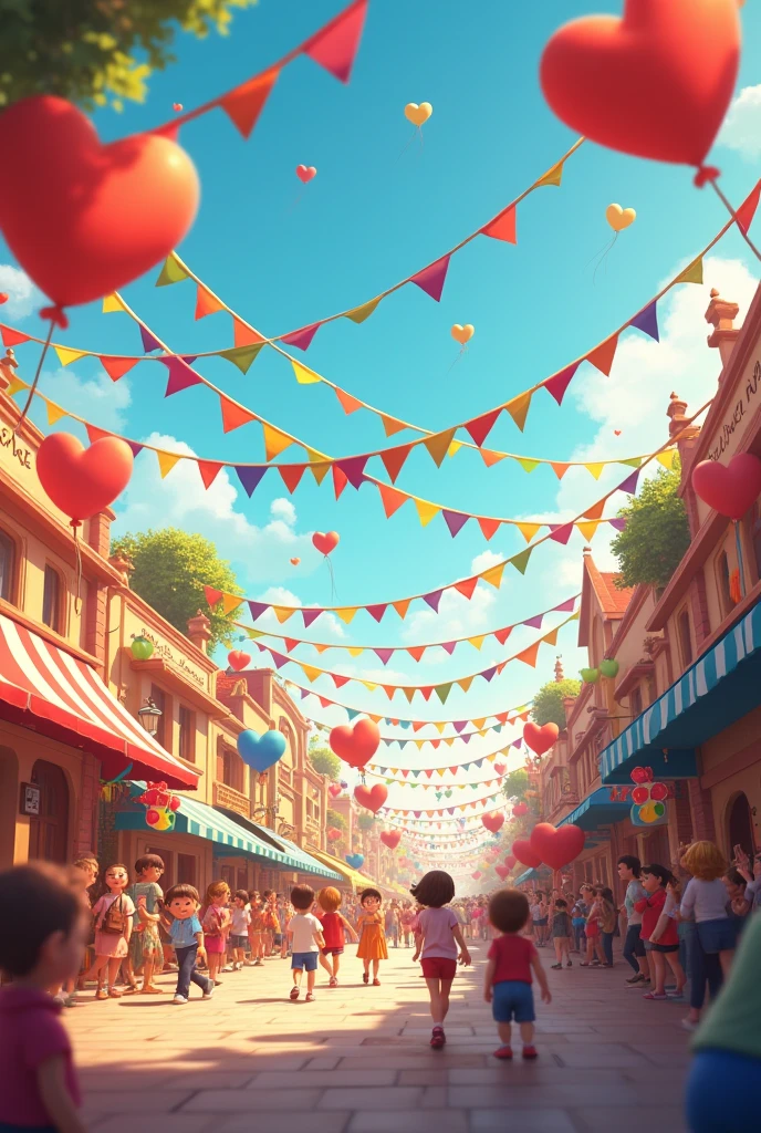Show me a plaza decorated for Children's Day with bunting falling like a circus tent. These bunting strings are red with blue, alternating with green and yellow strings. The bunting flags are triangular and plain. There are balloons in the decoration and many hearts.