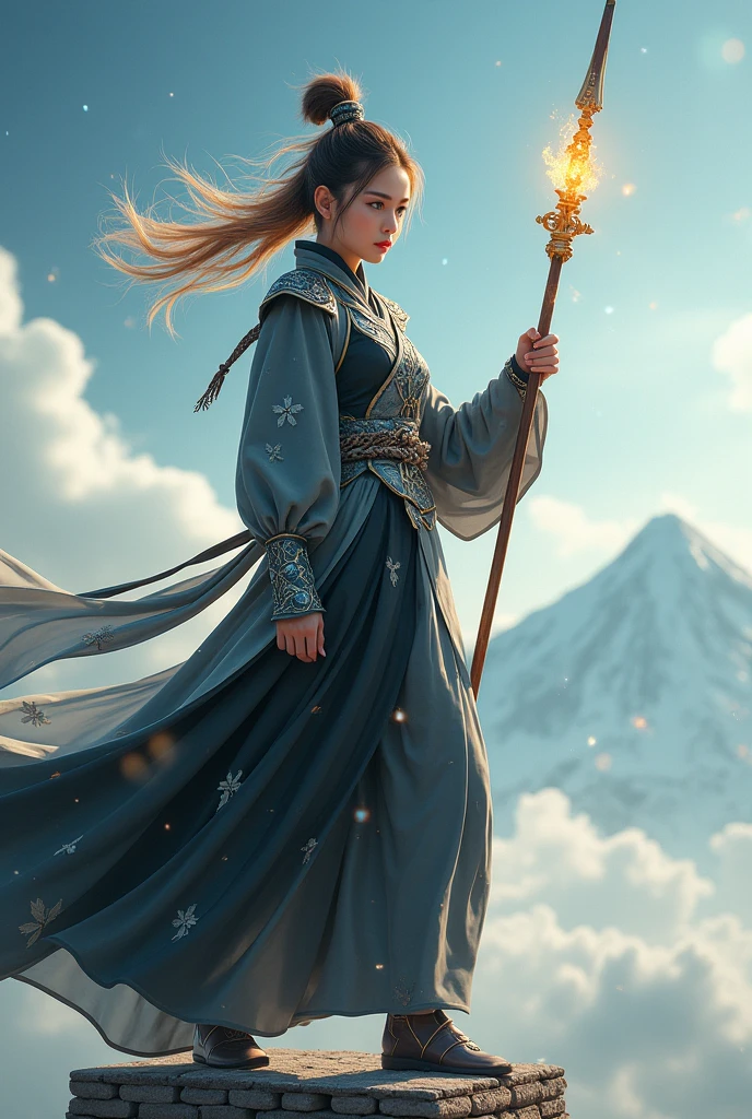(masterpiece, best quality, beauty, best ratio, best shadows,best Illustration, wallpaper size,1080×2400 pixels)
Uhd, korean woman beauty like tae yon, kungfu taichi pose, full posture fully visible, shining blue eyes, windblown short gold hair, wear black titanium full china general war armory with white swallow emblem, hand holding a spear emits gold energy, standing on top chess piece pillar. Morning sky, full snowflake and top snowing mountain seen on far away. use the RenderMan renderer.digital art. High definition, high contrast,high color saturation,128k,cinematic lighting, intricate,cinematic advertising photograph,cinema lens,high res.