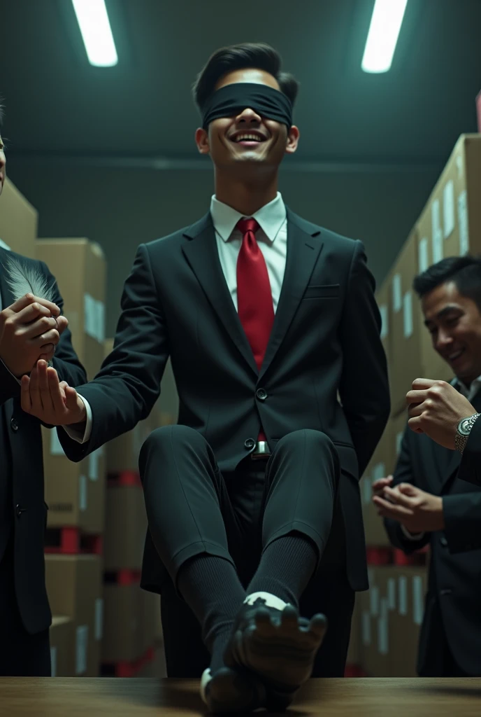Malaysia malay handsome 19 years celebrity
His handcuff in warehouse
Blindfolded
Black Suit and Red tie
feet on desk
feather
shoes on desk
5 toes each feet
Black sock
Poison skull effect smelly sock
2 man under his feet
1 man take off his socks
1 man holding feather tickle his feet
He laugh very hard