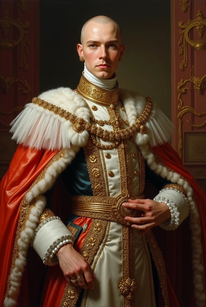 young, bald, man, monarch, painting, sublime pose, like an emperor in the 18th century