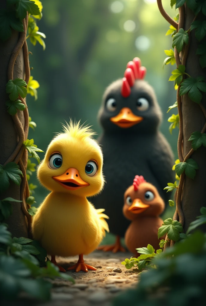 Generate me an image of a yellow duck and a brown hen mysteriously spying on the big one