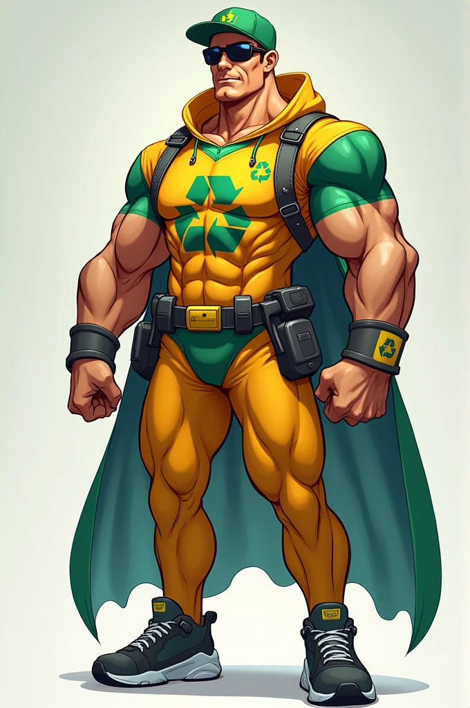 Recifit is a muscular character with a superhero appearance. He has an athletic build and an imposing height.. Wear a garbage collector suit with a modern and colorful design, with a recycling logo on the chest. He has sunglasses and a cap to complete his look..
*Personality:* Recifit is a passionate character dedicated to protecting the environment and promoting fitness.. He is a hero who fights against pollution and lack of physical activity.. He is friendly, motivating and fun.