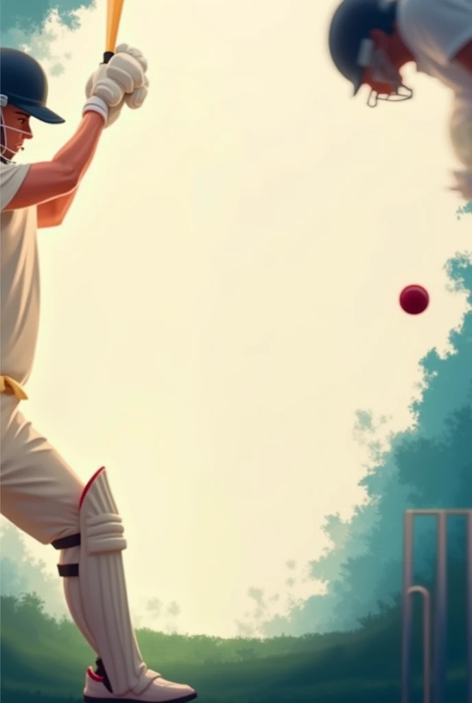 I need a background for poster where on one edge a cricketer batting and on the other edge a cricketer bowling and on the third side a bowl and stumps which is kind of blurred background where a single colour is starting lighter from one side and getting darker on other....it should be in the ratio 9:16 and the cricters should be on the each opposite edges of the poster and they should be also blurred and the center should be plain with colour and each corners the objects should be and cricketers should be medium in size on each corners of the poster where center of the poster is plain