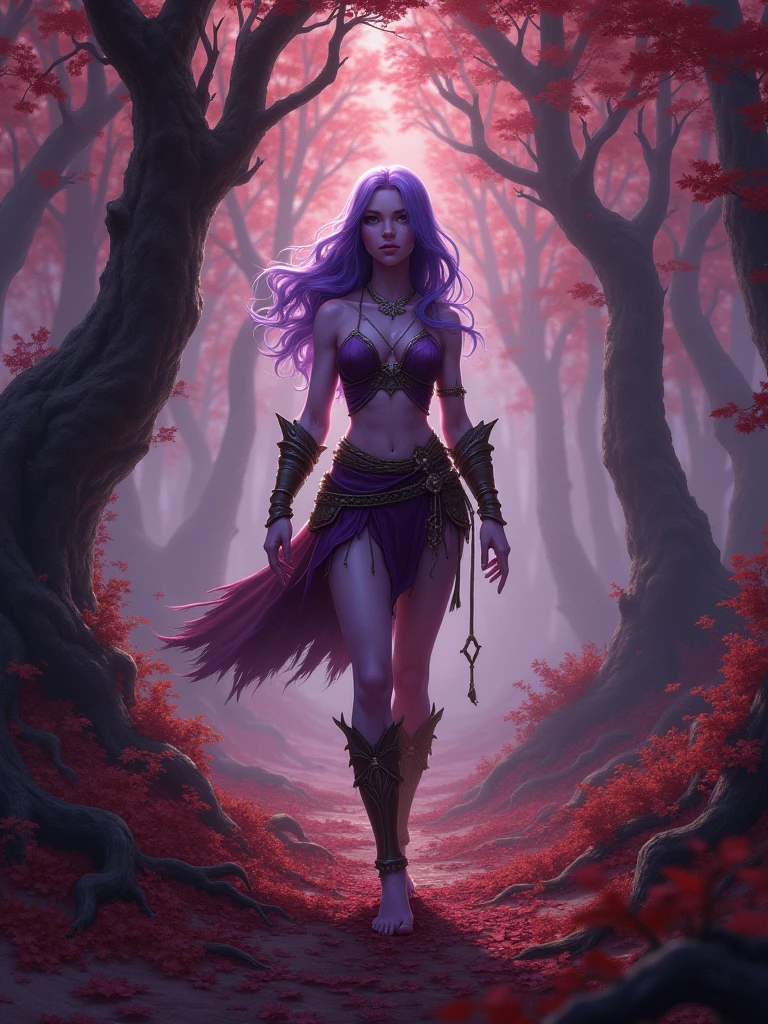 female warrior with ligh violet skin walking barefooted in a burgundy forest