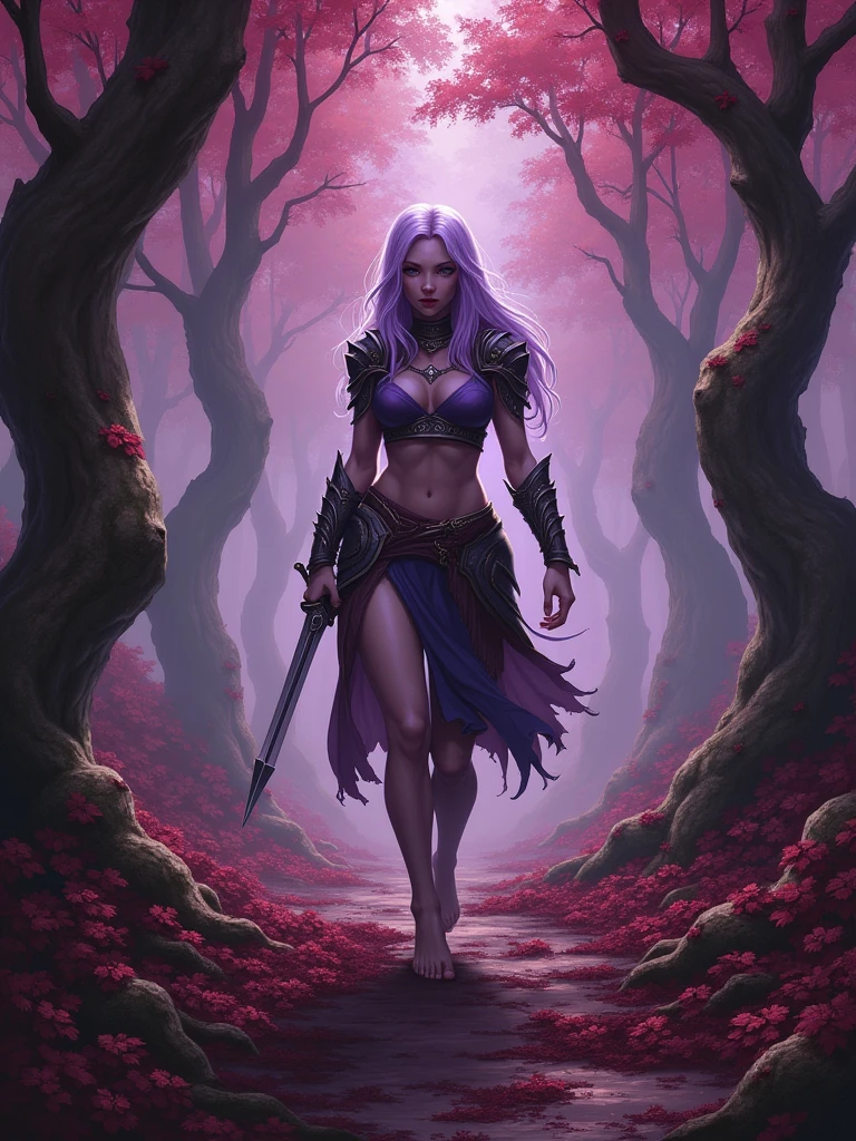 female warrior with ligh violet skin walking barefooted in a burgundy forest