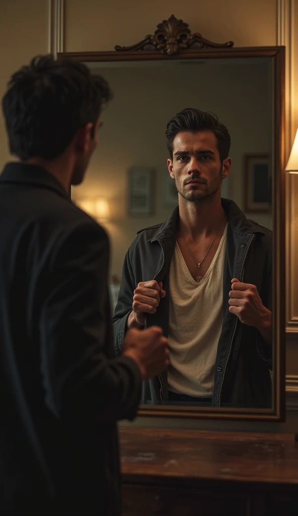 A person standing before a mirror, making a firm vow to themselves with a determined expression, symbolizing the promise to never give up.
