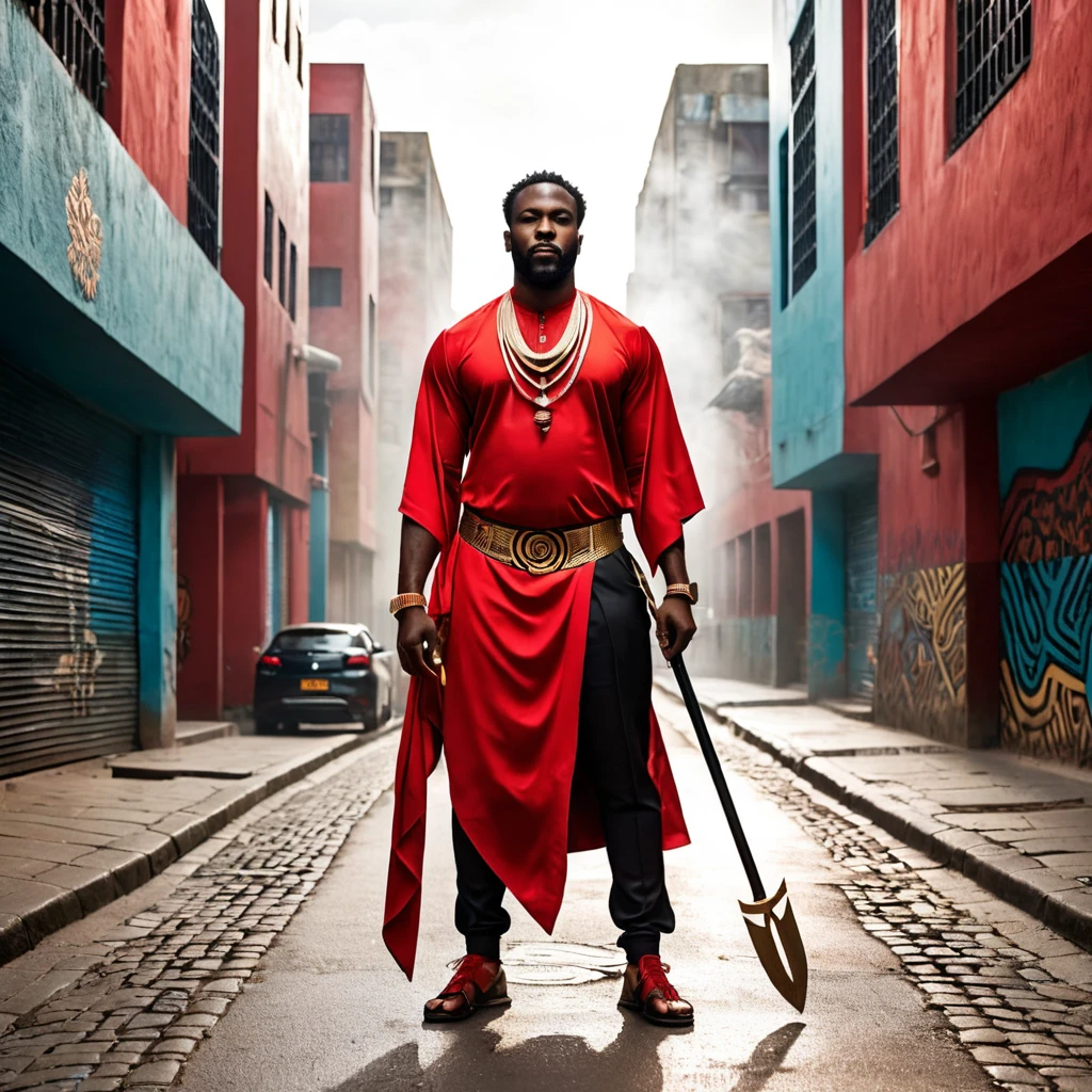 A powerful depiction of Exu, represented as a strong Black man with a commanding presence. He is dressed in a striking combination of black and red attire, symbolizing his dual nature and connection to both the and spiritual worlds. Exu stands at a mystical crossroads, holding a trident in his hand, which radiates authority and power. Surrounding him are symbols of communication, trade, and transformation, reflecting his role as a messenger and guardian of paths. The background merges gritty urban street art, representing modernity and the energy of the city, with spiritual African motifs, paying homage to his ancient roots. The overall atmosphere is dynamic, charged with movement and the potential for change, capturing the essence of Exu as a master of movement, transformation, and the balance between worlds, Alta resolução, Premiado várias vezes, Ultra HD, Fujifilm, Sombra projetada, Fotorealismo, afrofuturism, orisha