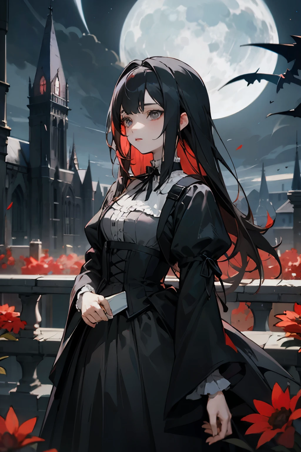 ((Best quality)) (anime style) anime girl with black hair and red flowers in black and white, Gothic maiden anime girl, Gothic!!, two beautiful anime girls, Gouvez, Gothic art style, anime vampires, from the arknights, artwork in the style of Gouvez, anime style 4k, Gothic aesthetic, night club, anime girls, black and white and red, victorian Gothic ta fashion