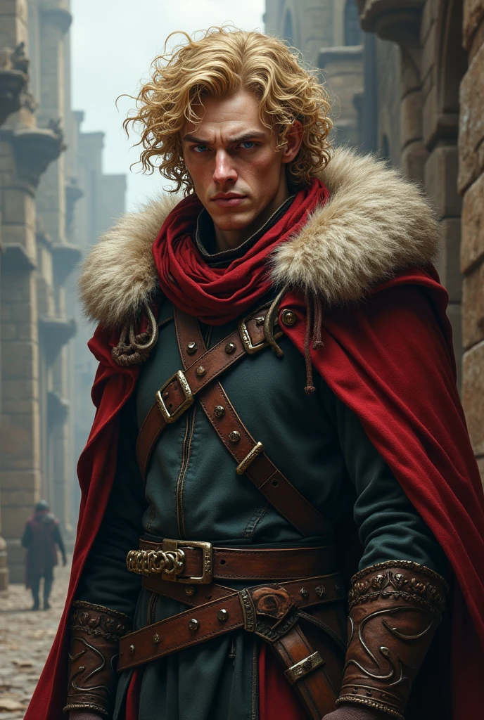create a medieval fantasy character in the realistic style, to be a rival of the protagonist and villain, he was a friend of the protagonist, but was always jealous of the protagonist. he is a warrior class who uses a two-handed sword, his appearance is: ugly blond, face with a pointy shape, pointy nose, blue eye color, hair texture is curly and blond color, pale white skin color, his facial expression is: a sarcastic smile always present, his height and physical build are tall and slender, he is . he is an arrogant son of a former adventurer who became a low-ranking nobleman for his deeds and contributions.