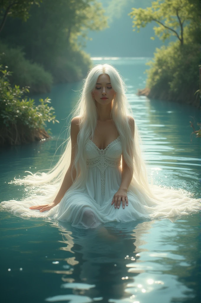 An angle with white hair and with goddess outfit, laying on a river