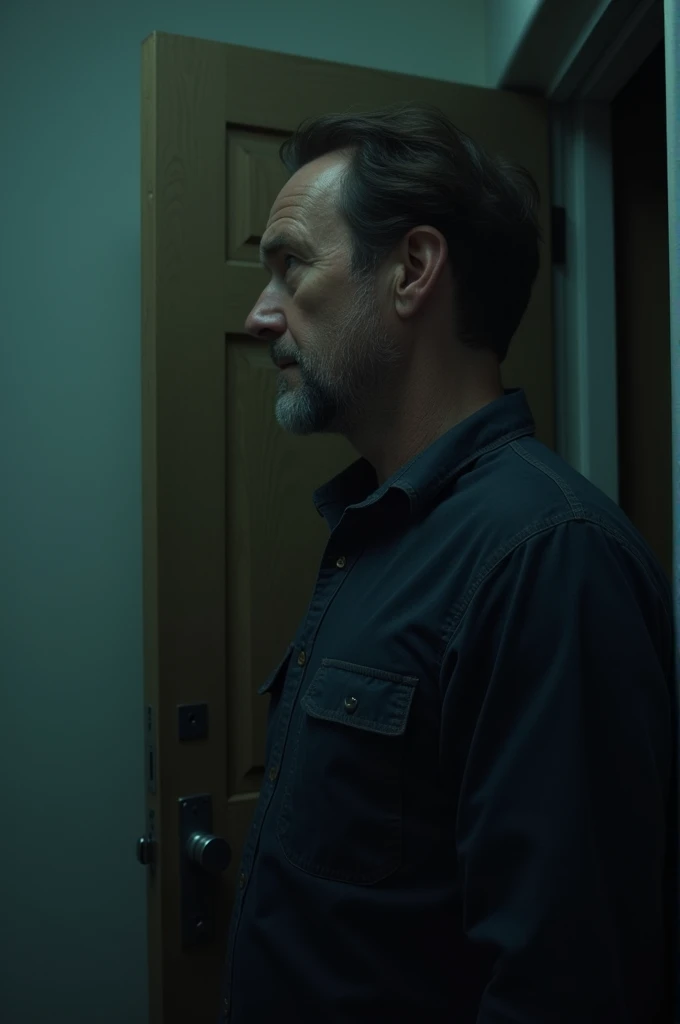 David, a middle-aged man with brown hair, The door slams shut on its own. David hears breathing behind him
