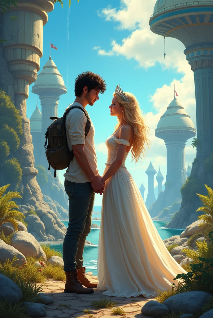 Create the cover for my book A Princess in Türkiye for me, put the title name in Brazilian Portuguese, place Building, another planet, a blue-eyed blonde princess and a dark-haired man dressed in casual clothes, and my author name is Kelly Ramos. Make a realistic image, making the characters more human