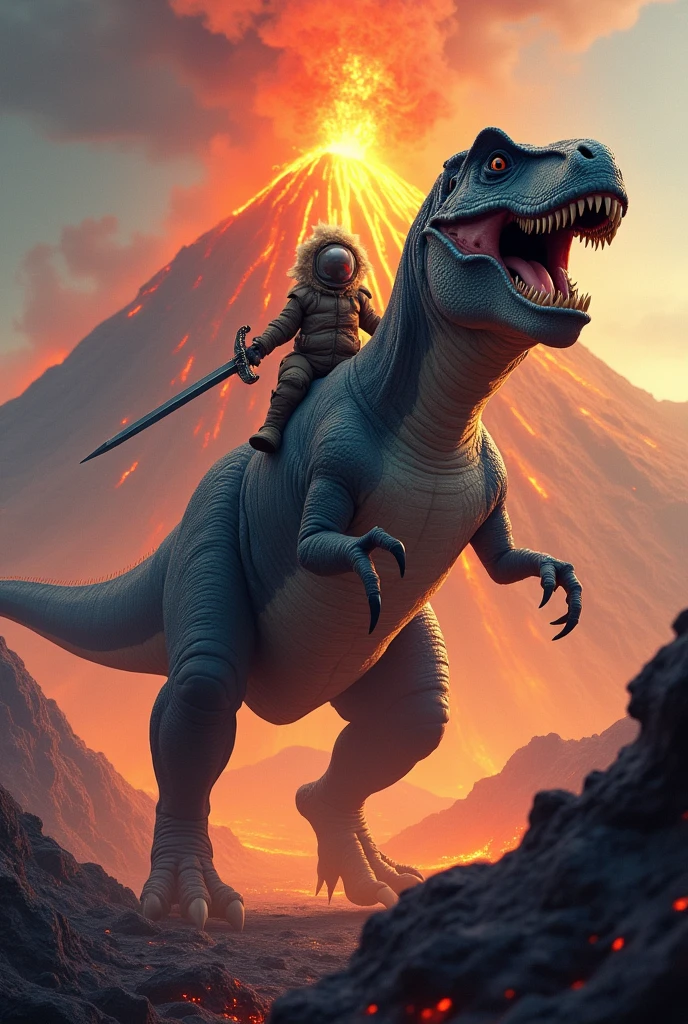 Image of a tardigrade wielding a sword as it rides a tyrannosaurus to the top of an active volcano