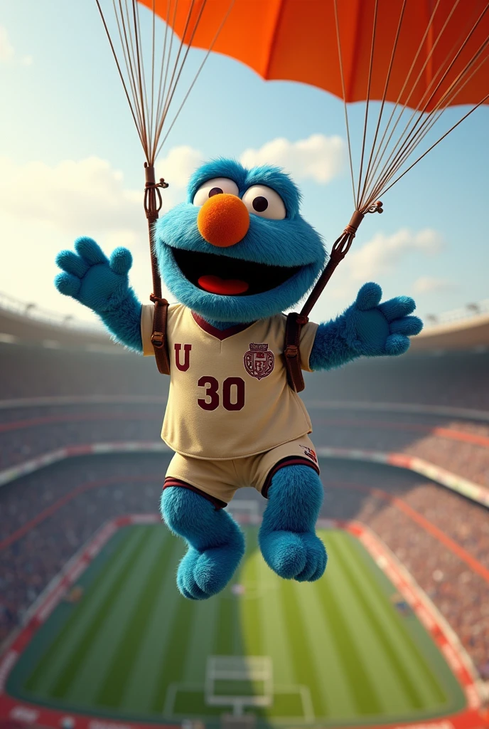 a cheerful blue Sesame Street character, Pancho Sesame, dressed in a cream-colored soccer jersey with a burgundy U on the side of his heart, the number 30 on his chest, parachuting into a stadium, hyper-realistic, 8k, facial features detailed, realistic lighting, cinematic, photorealistic, warm color tones, dynamic pose, detailed textures, sharp focus, masterpiece