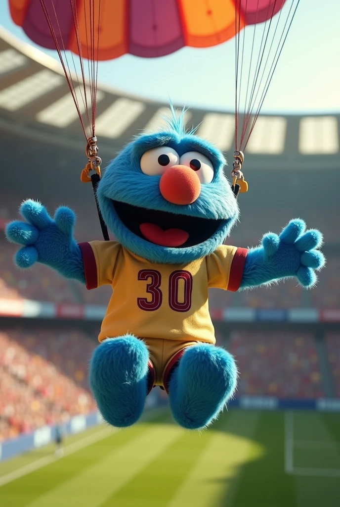 a cheerful blue Sesame Street character, Pancho Sesame, dressed in a cream-colored soccer jersey with a burgundy U on the side of his heart, the number 30 on his chest, parachuting into a stadium, hyper-realistic, 8k, facial features detailed, realistic lighting, cinematic, photorealistic, warm color tones, dynamic pose, detailed textures, sharp focus, masterpiece