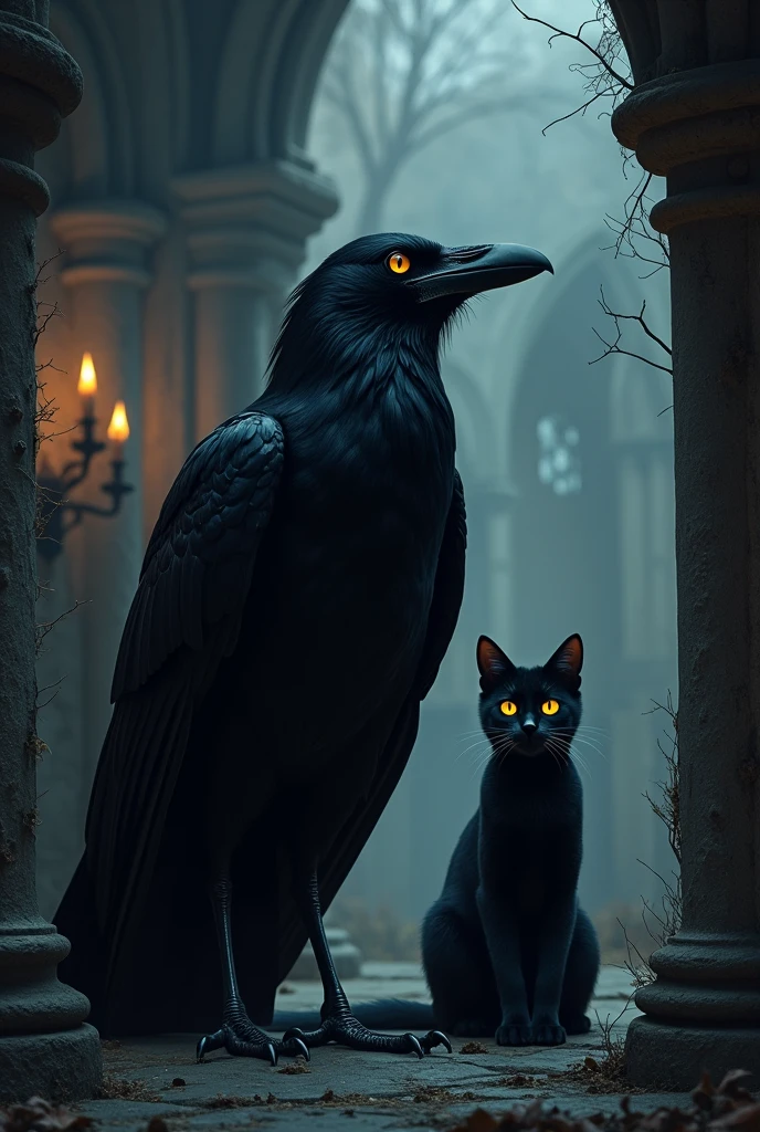 Scary dark gothic raven with a. Terrible black cat and a lot of depression 